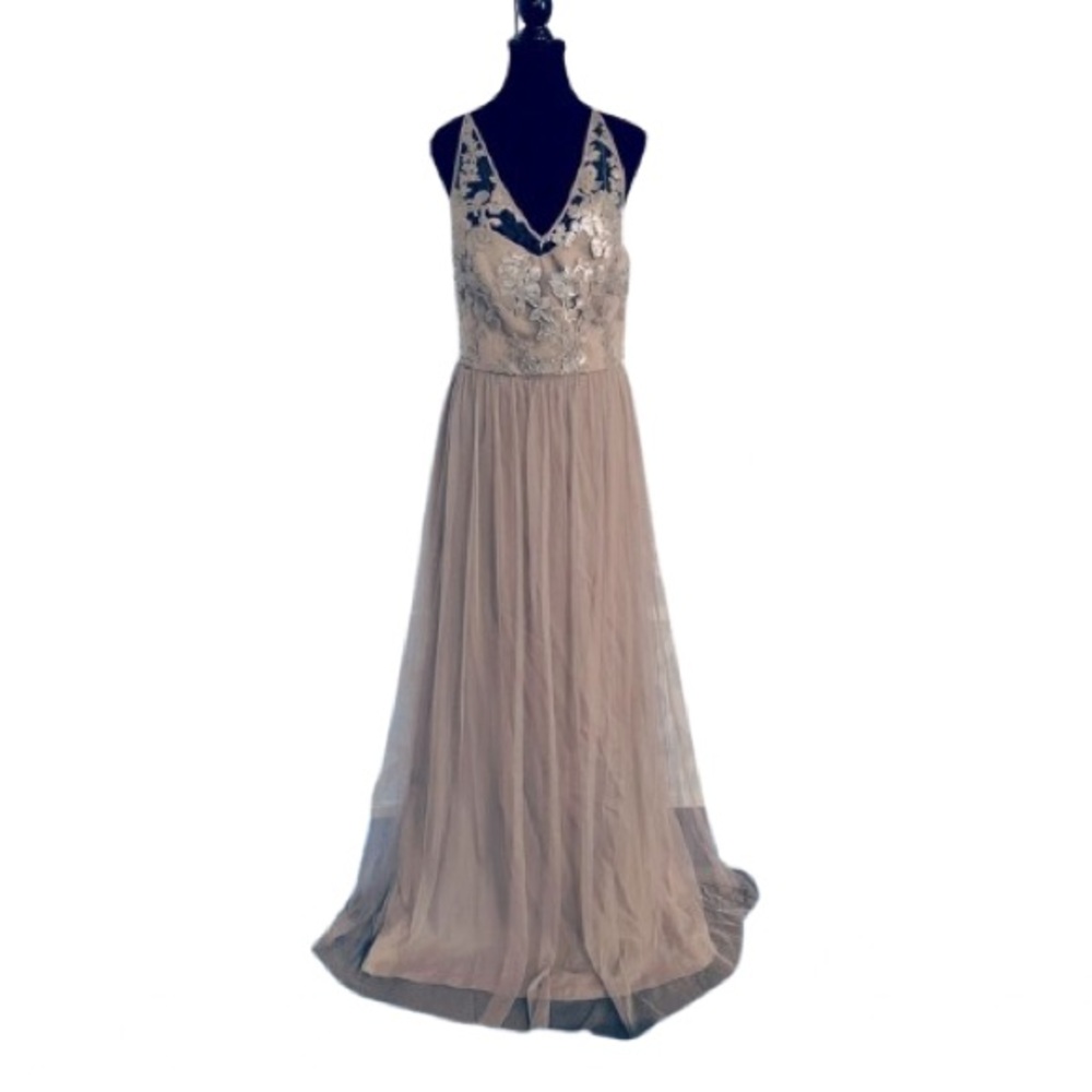 NWT SZ 10 AMSALE Formal Dress Sequins Lace Tulle Maxi Latte Taupe Sora Champagne